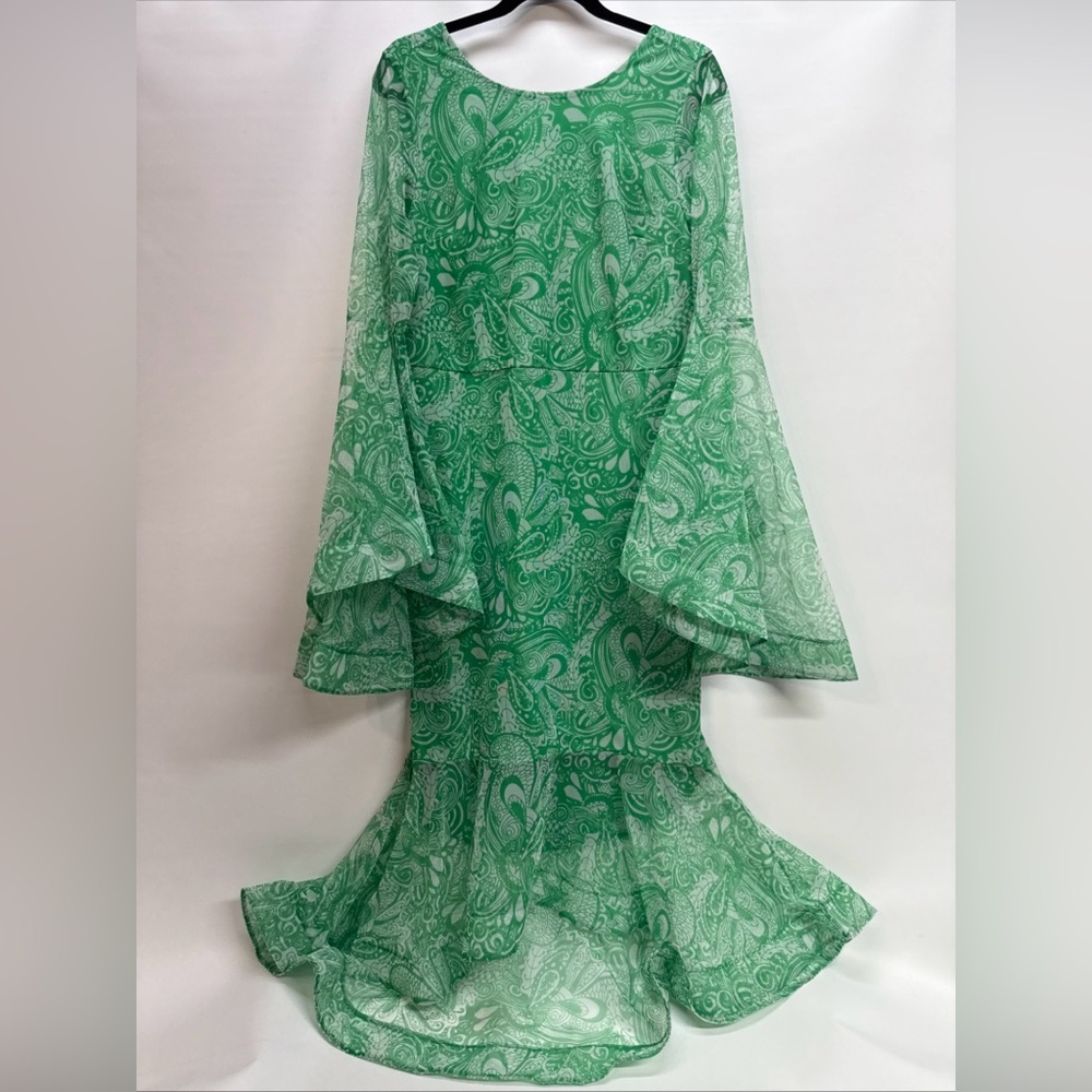 Ashro Midi‎ High Low Dress Sz M Green Bell Slv Formal Wedding Church Party Xmas